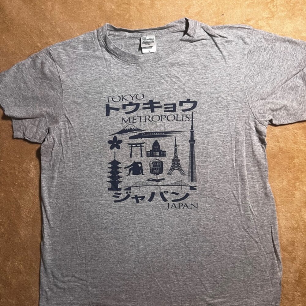Tokyo Metropolis Men LG Grey Navy Japanese Tower Bridge Bullet Train Takao Shirt